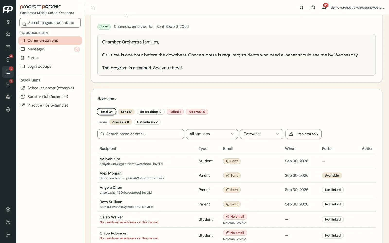 Program Partner screen: announcement delivery tracking