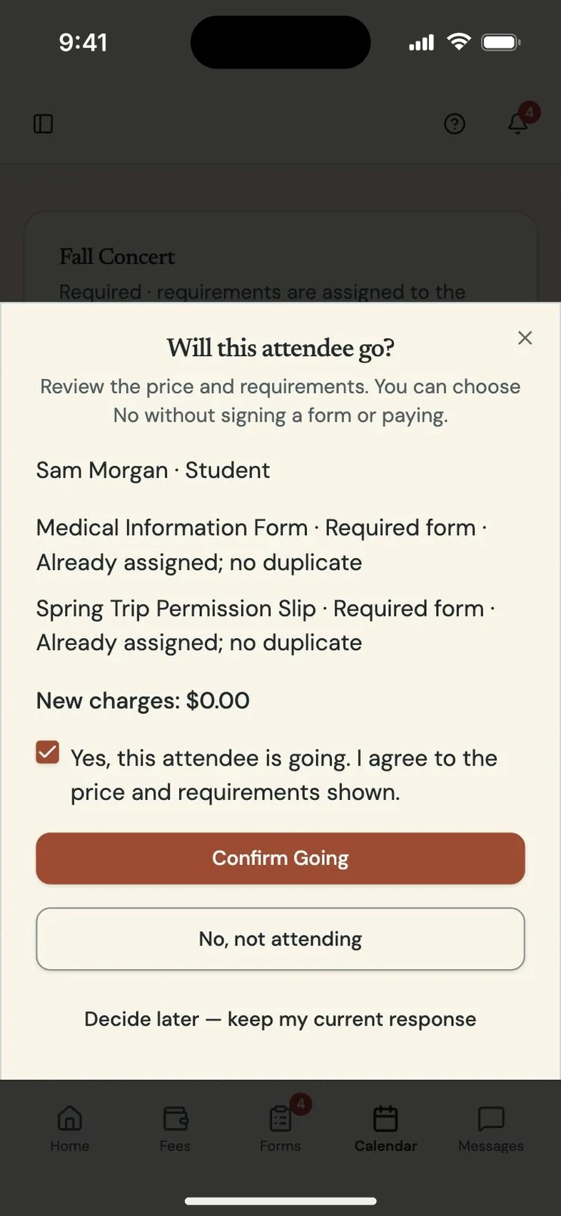 Program Partner screen: parent event registration