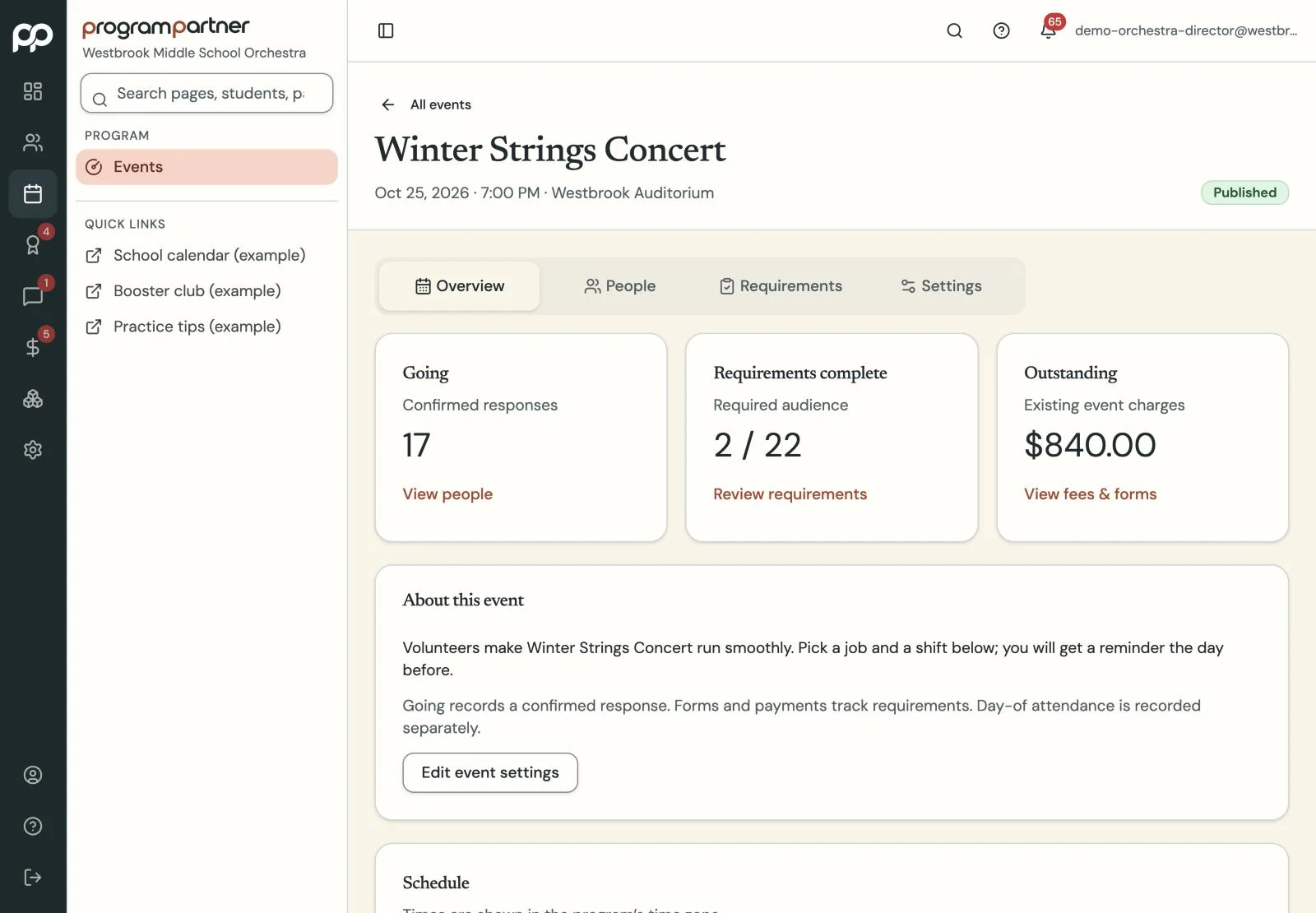 Program Partner screen: Event HQ readiness