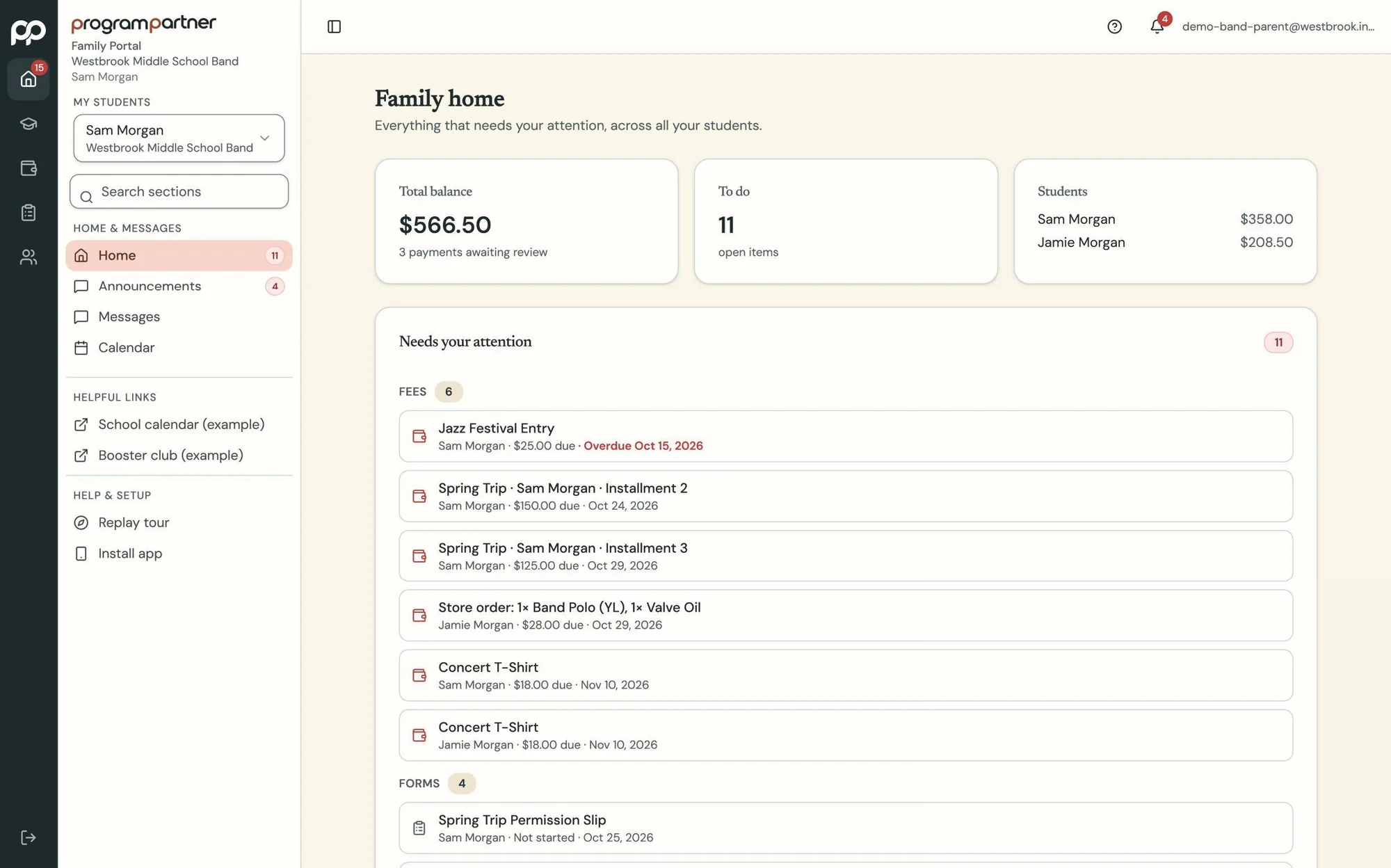 Program Partner screen: parent portal home on a computer