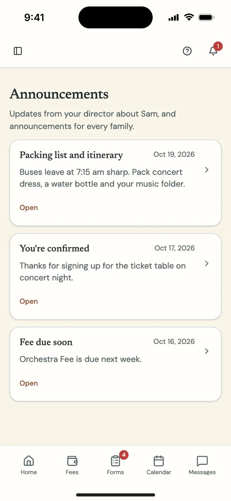 Program Partner screen: parent announcements on a phone