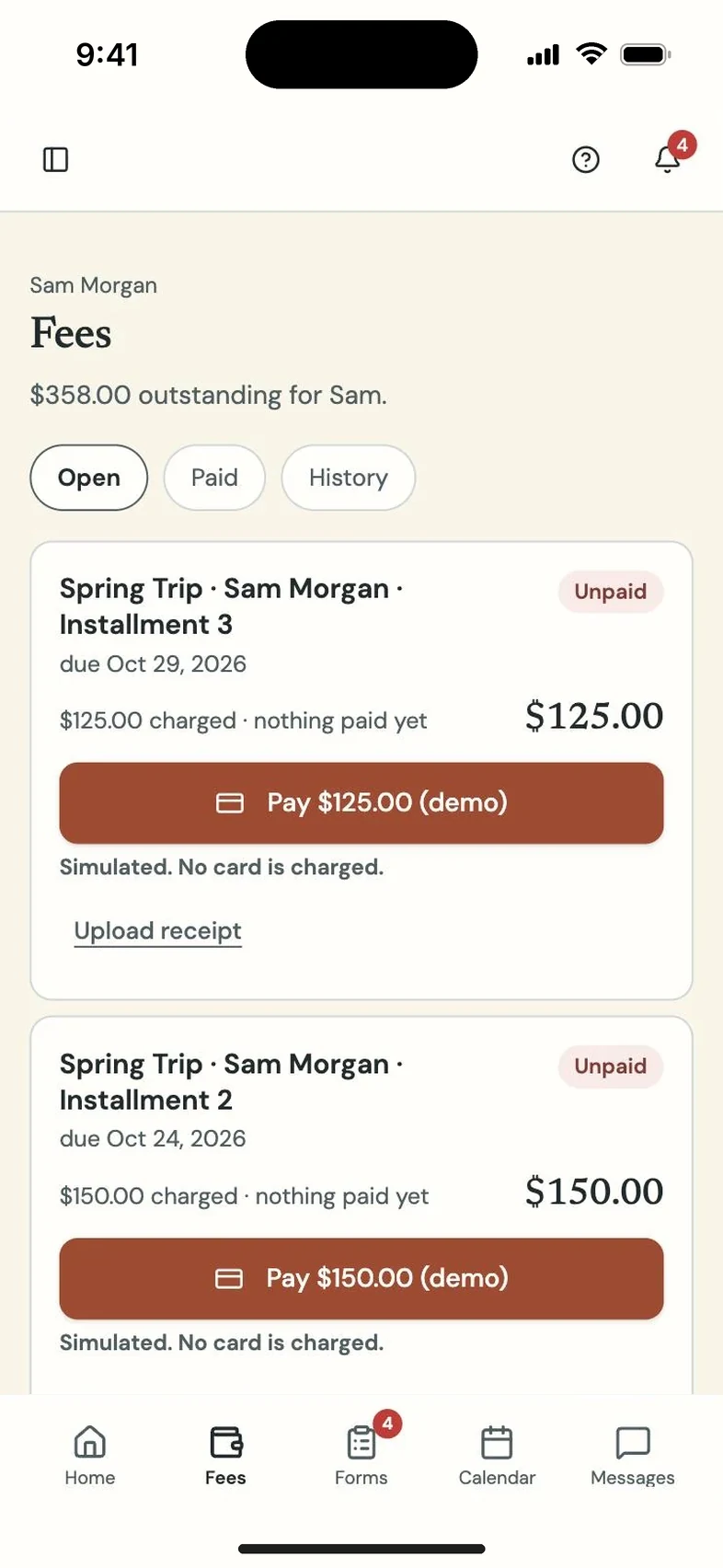 Program Partner screen: parent portal payment