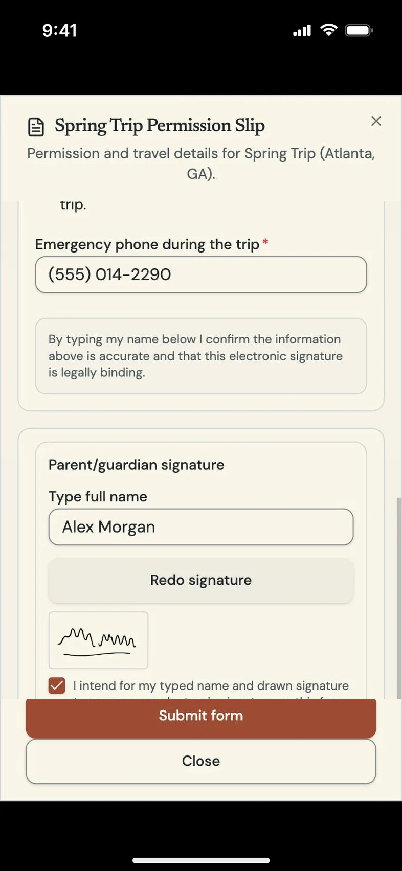 Program Partner screen: parent signing a form