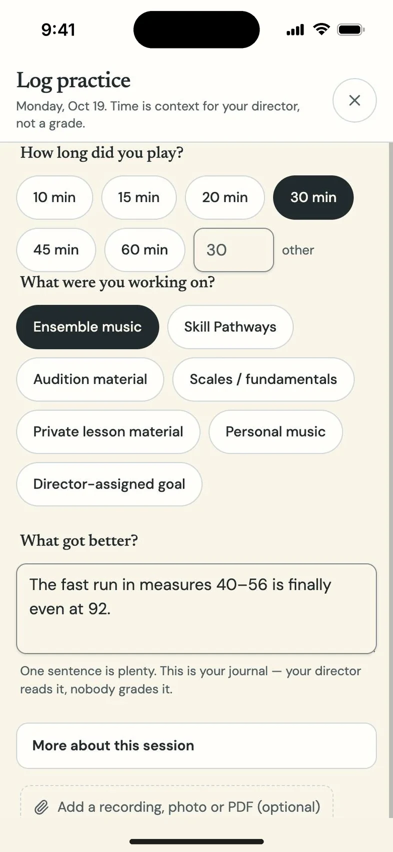 Program Partner screen: student practice recording