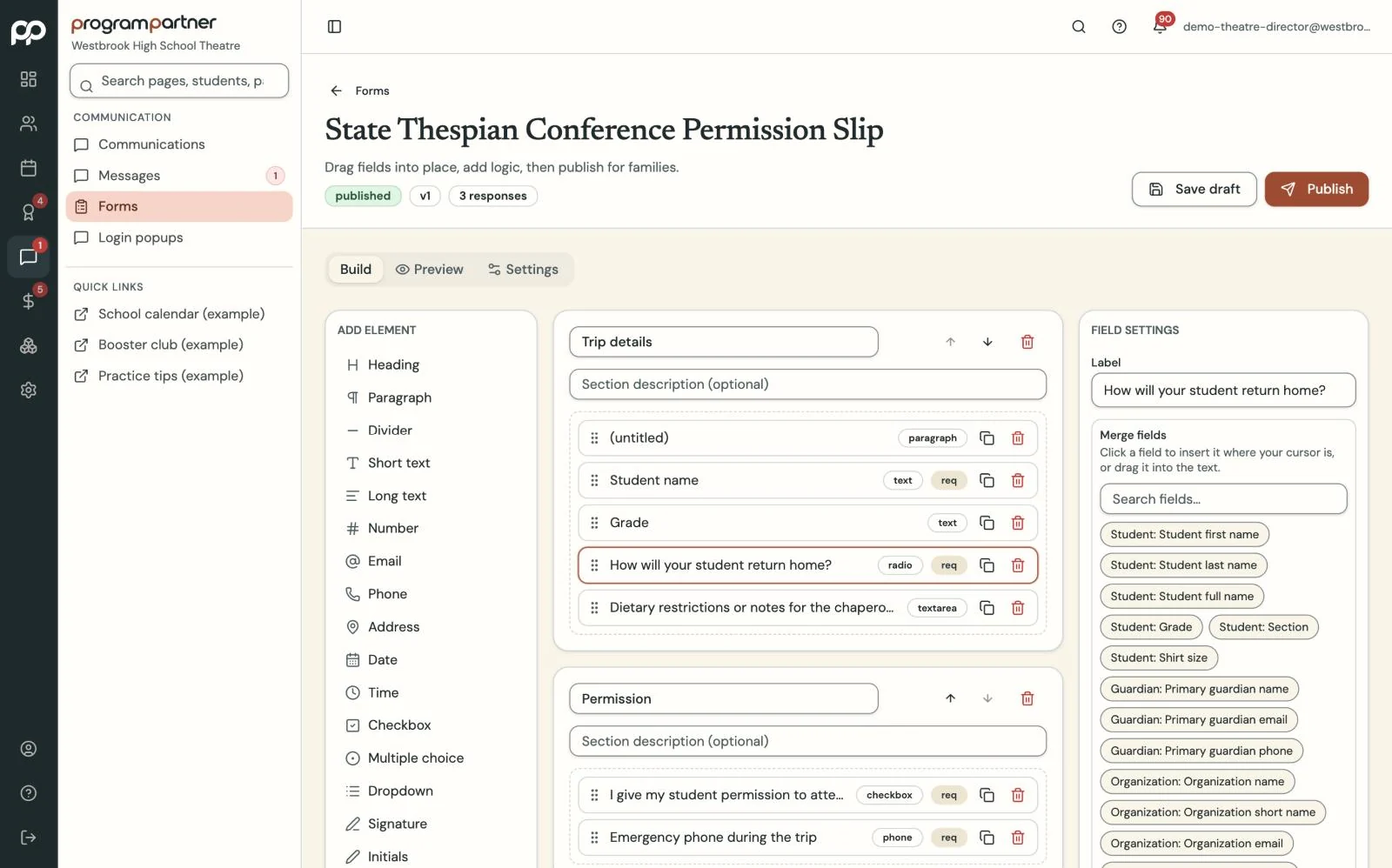 Program Partner screen: form builder