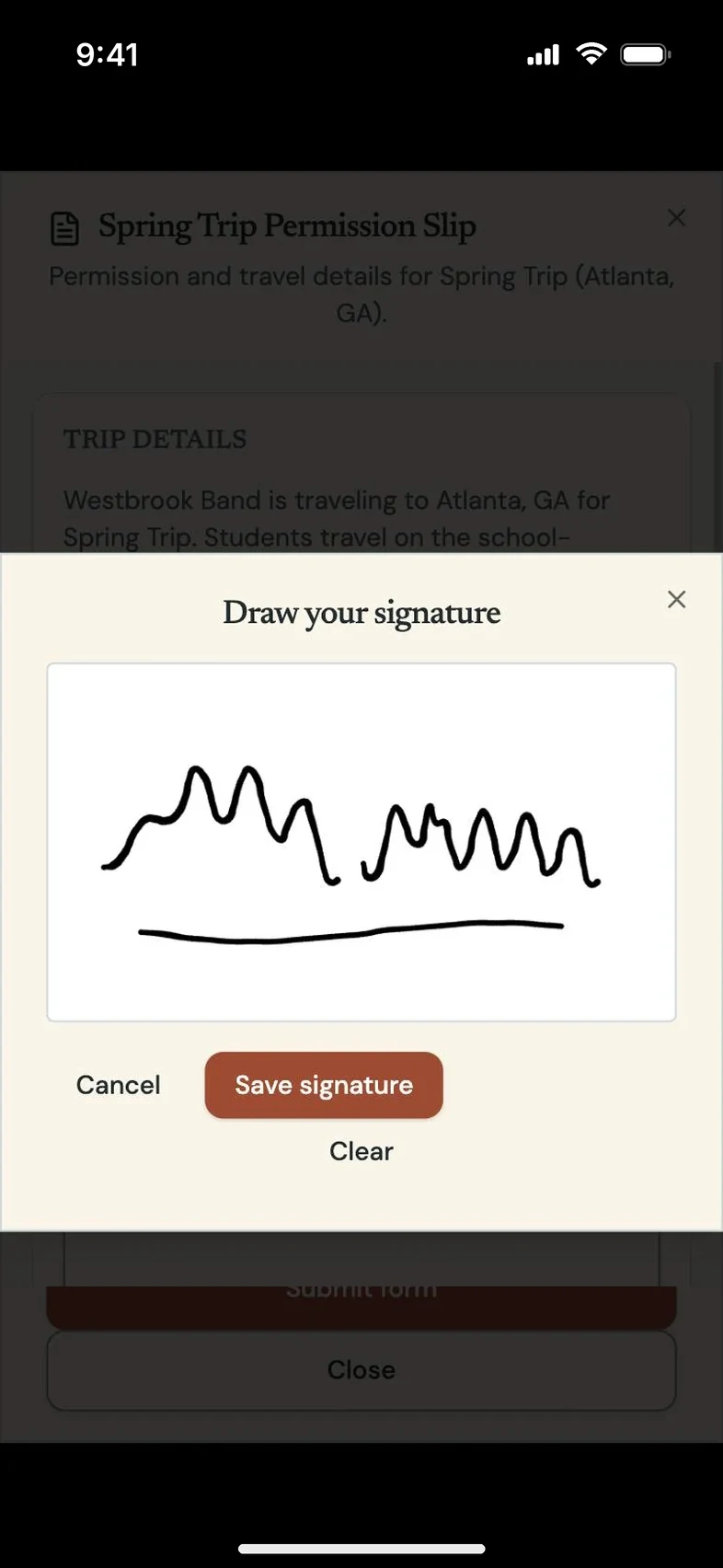 Program Partner screen: parent signing a form