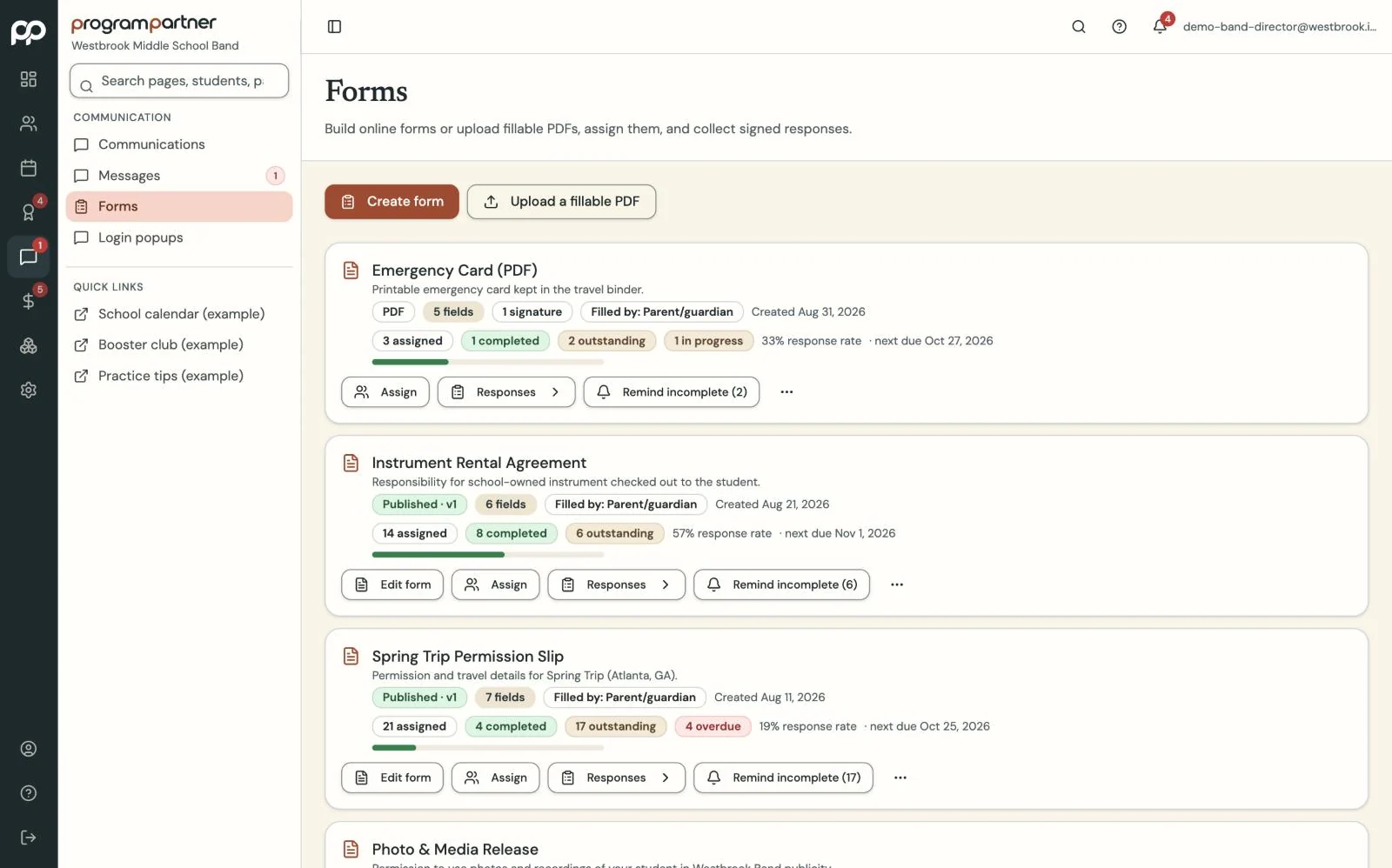 Program Partner screen: form completion status