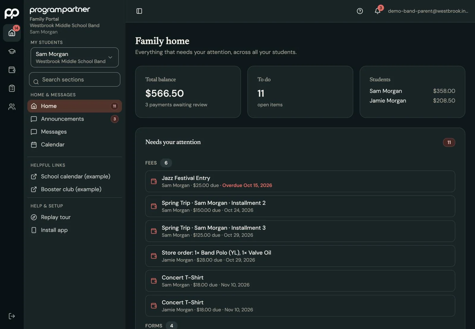 Program Partner screen: parent portal balances