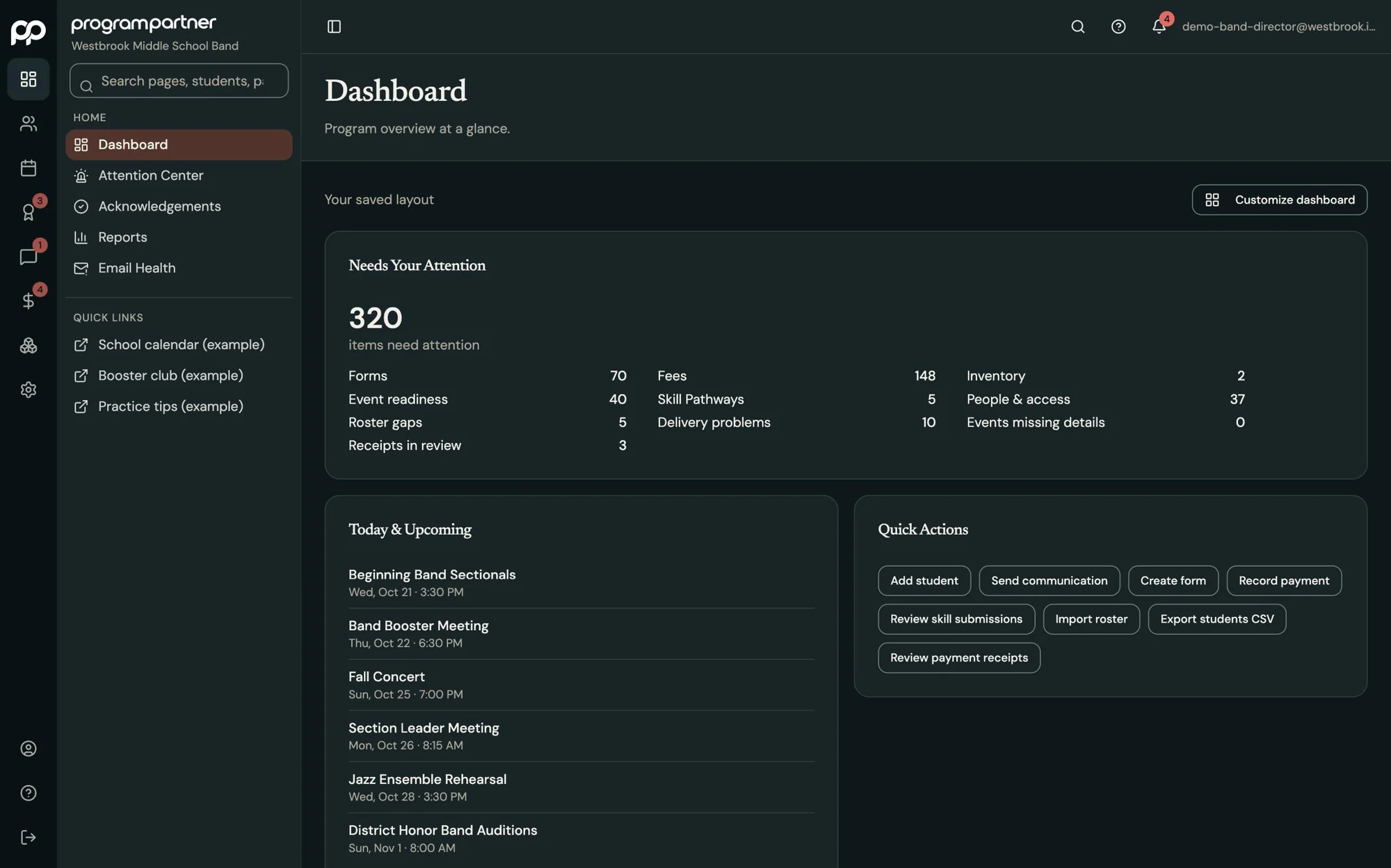 Program Partner screen: director dashboard, in dark mode