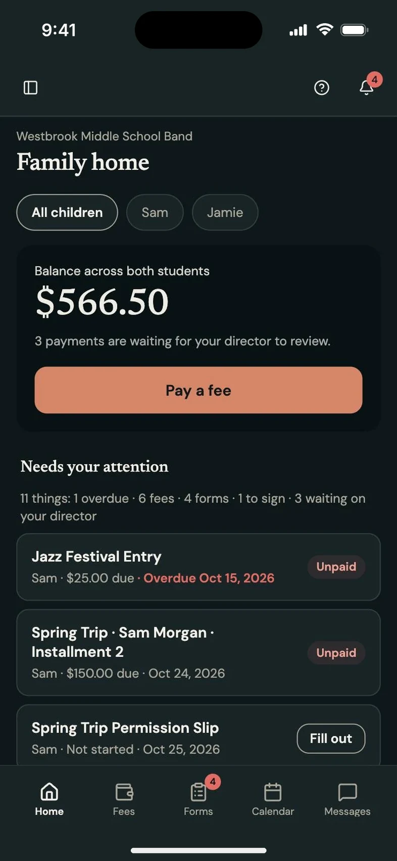 Program Partner screen: parent portal on a phone, in dark mode