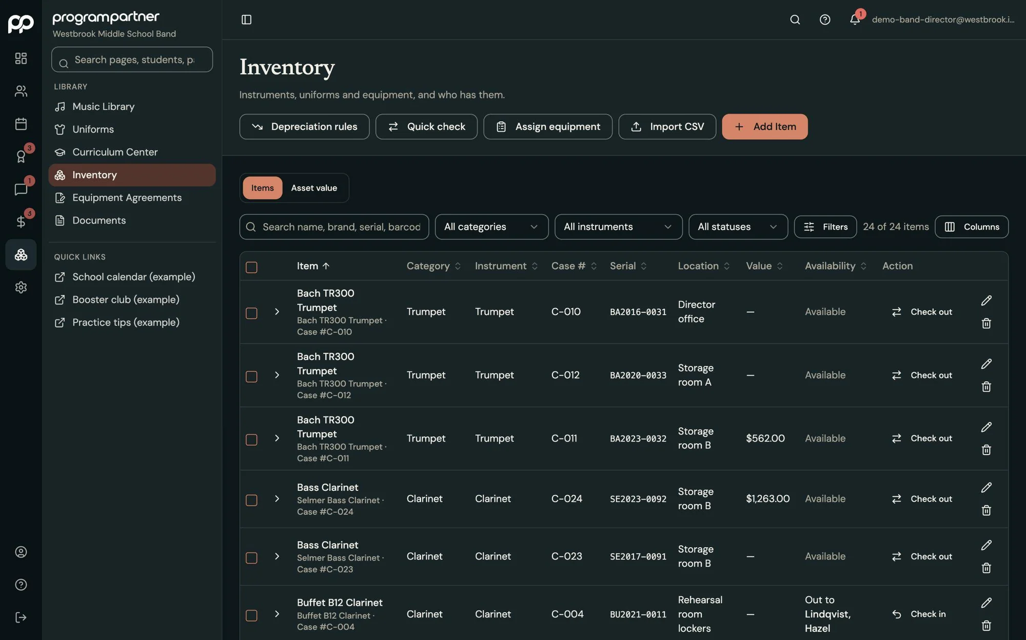 Program Partner screen: instrument inventory and check-outs, in dark mode