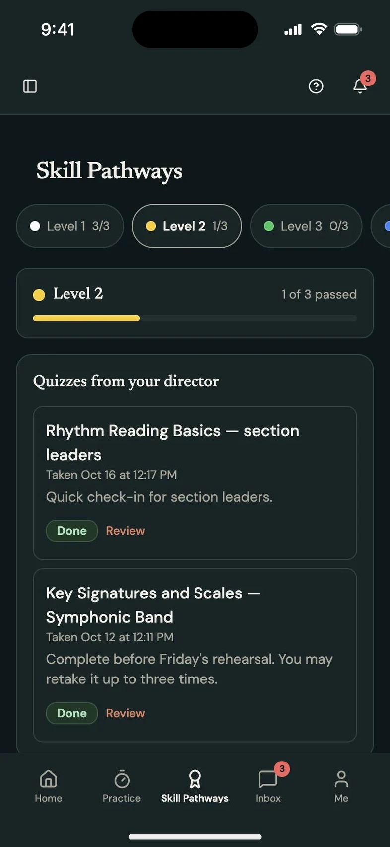 Program Partner screen: student Skill Pathways submission, in dark mode