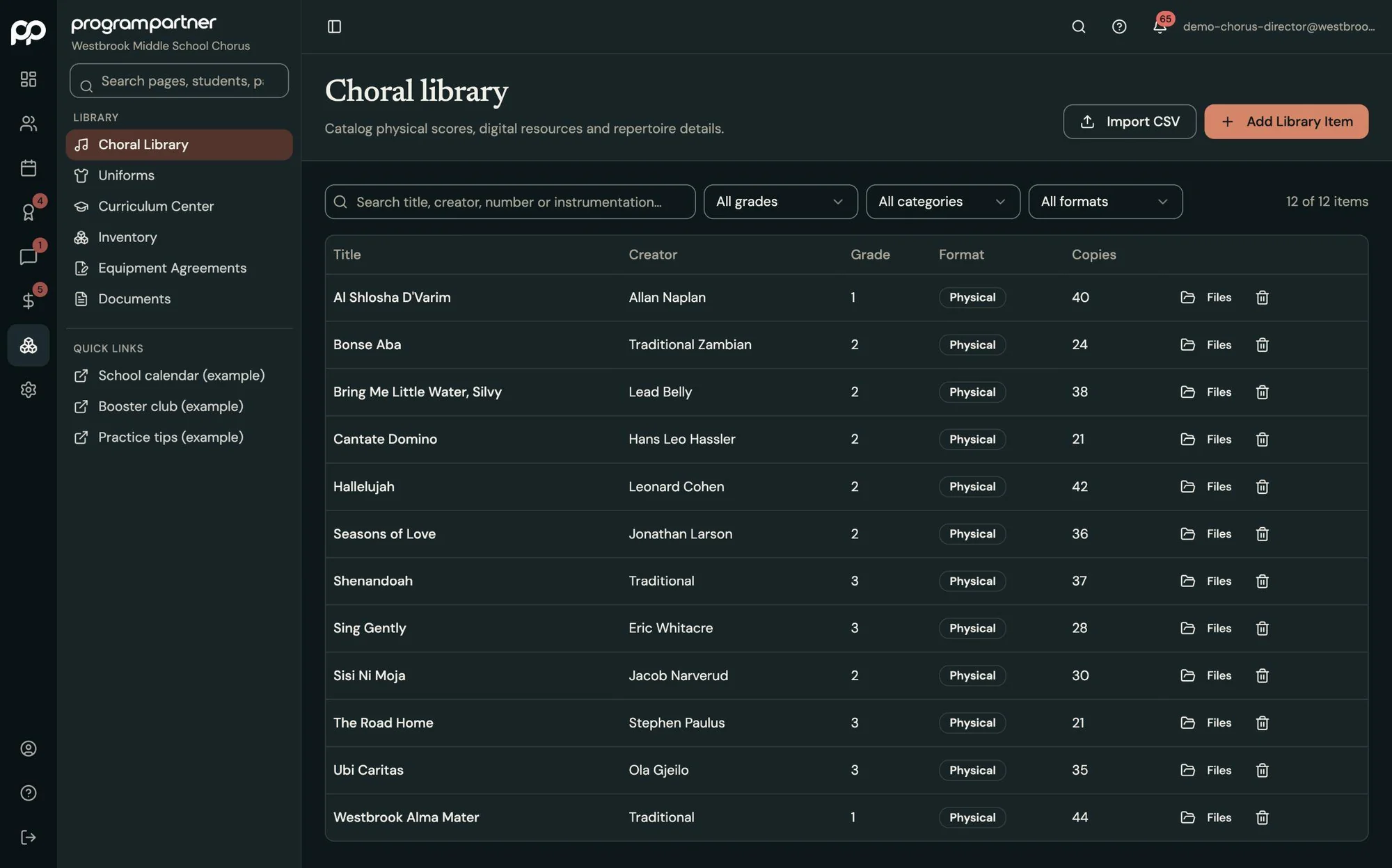 Program Partner screen: choral music library, in dark mode