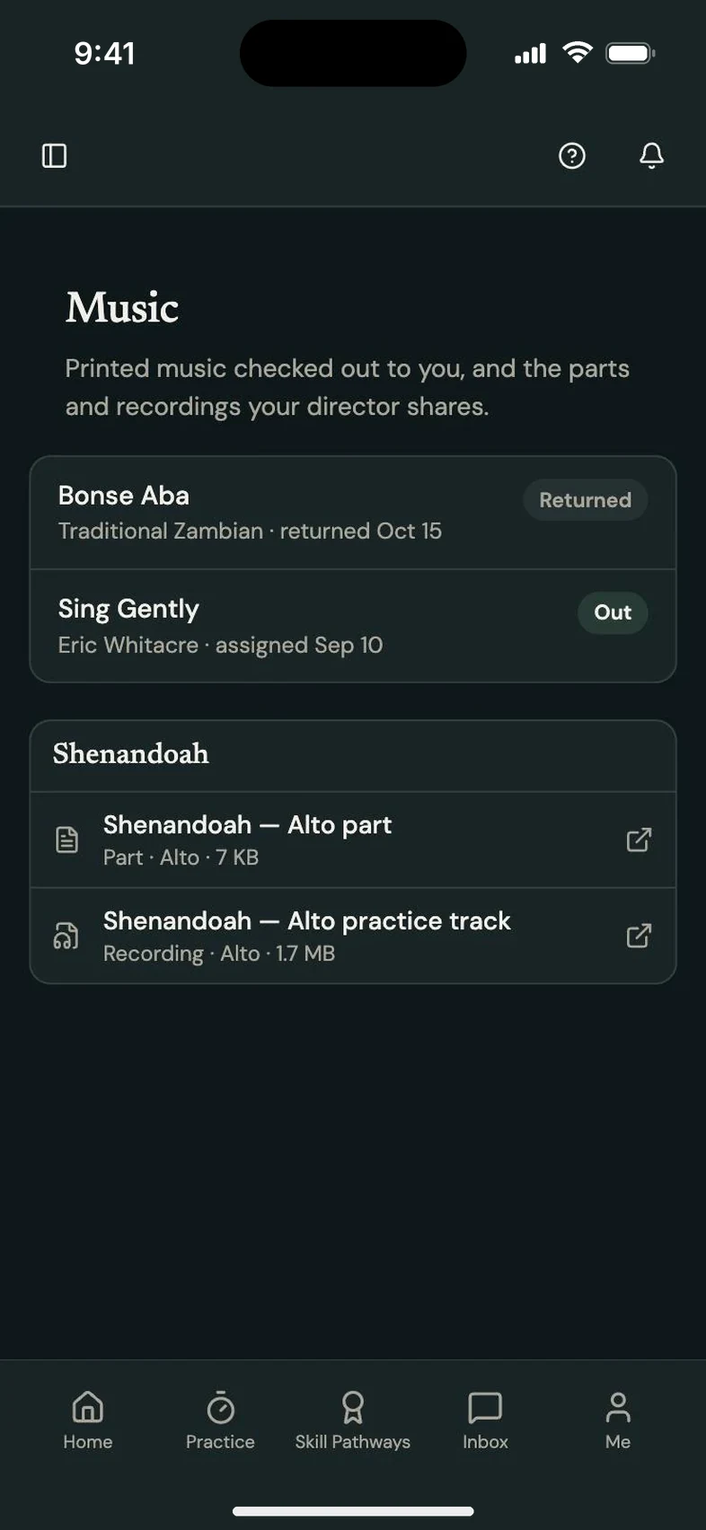 Program Partner screen: student part and practice track, in dark mode