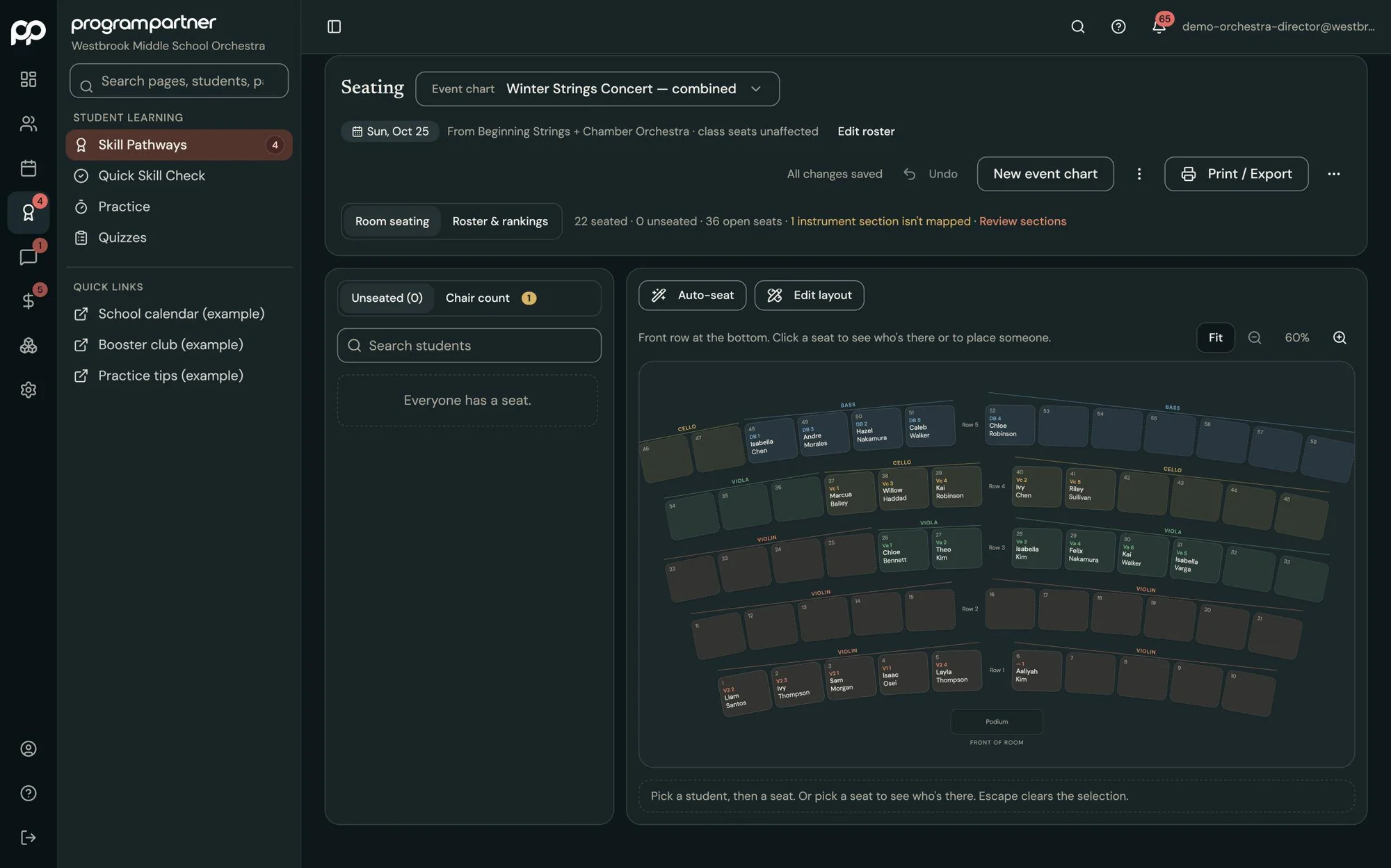 Program Partner screen: combined concert seating chart, in dark mode