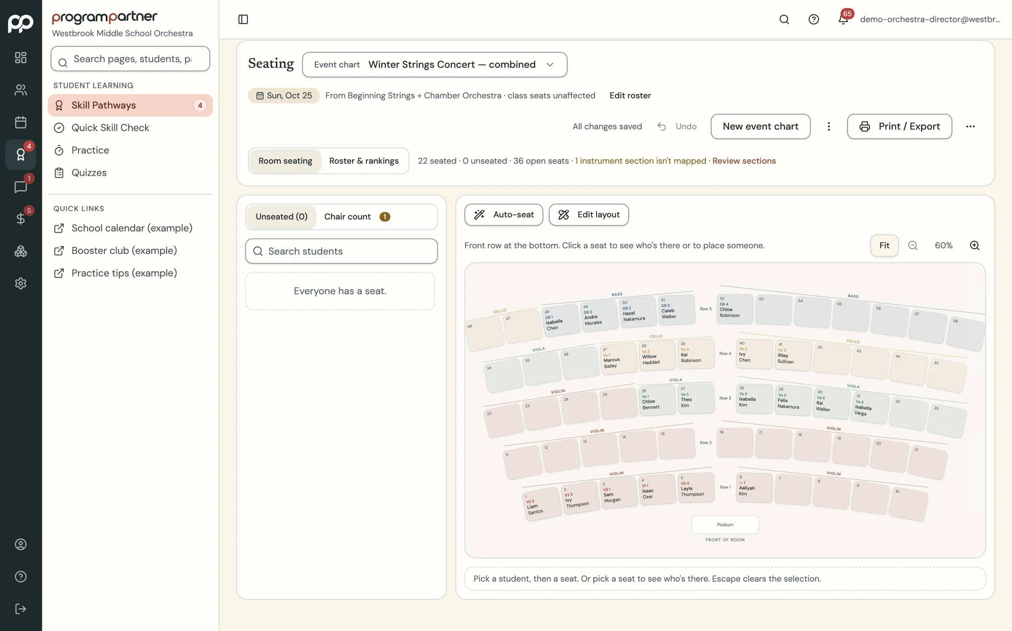 Program Partner screen: combined concert seating chart