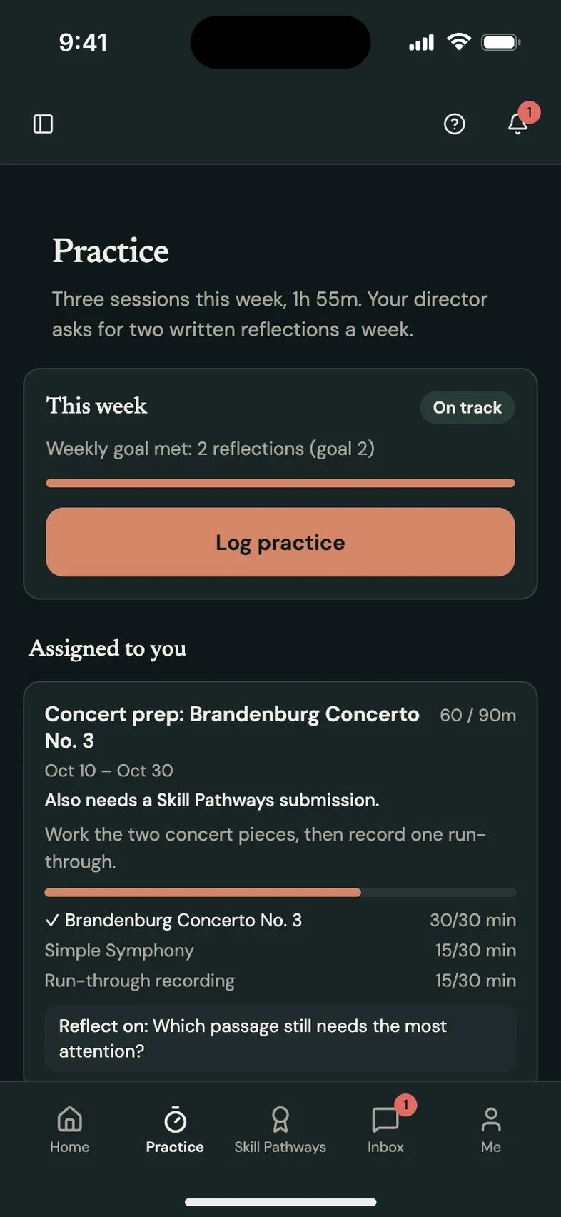 Program Partner screen: student practice assignments, in dark mode
