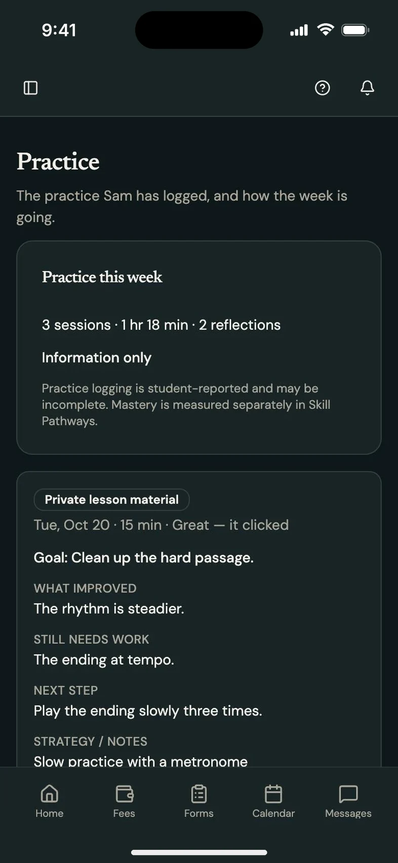Program Partner screen: practice log on a parent phone, in dark mode