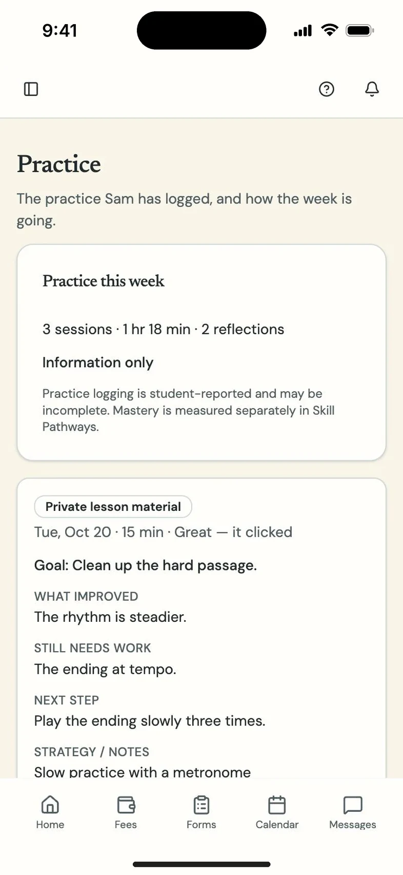 Program Partner screen: practice log on a parent phone