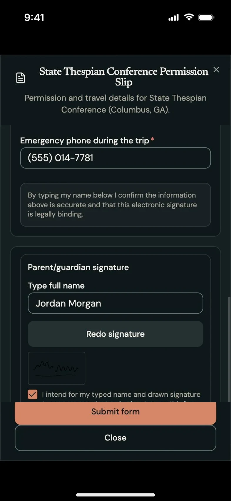 Program Partner screen: parent signing a permission form, in dark mode