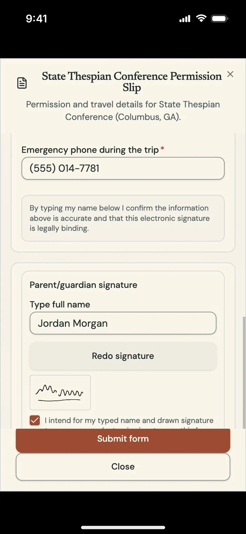Program Partner screen: parent signing a permission form