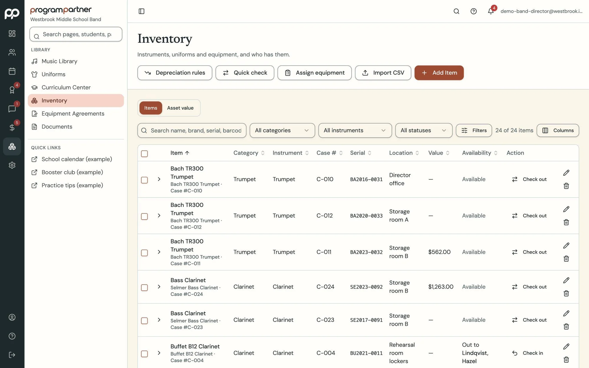 Program Partner screen: instrument inventory