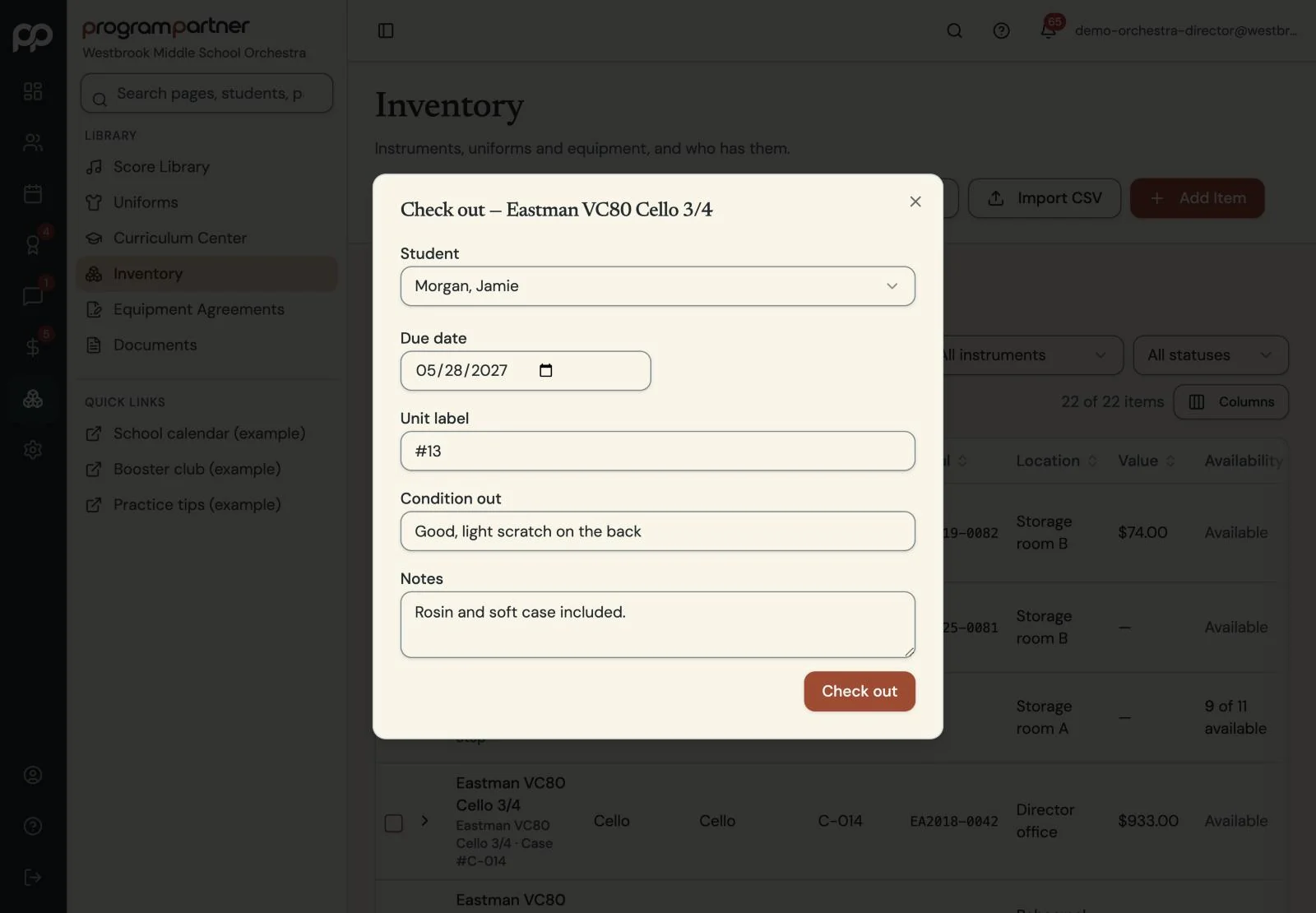 Program Partner screen: instrument check-out
