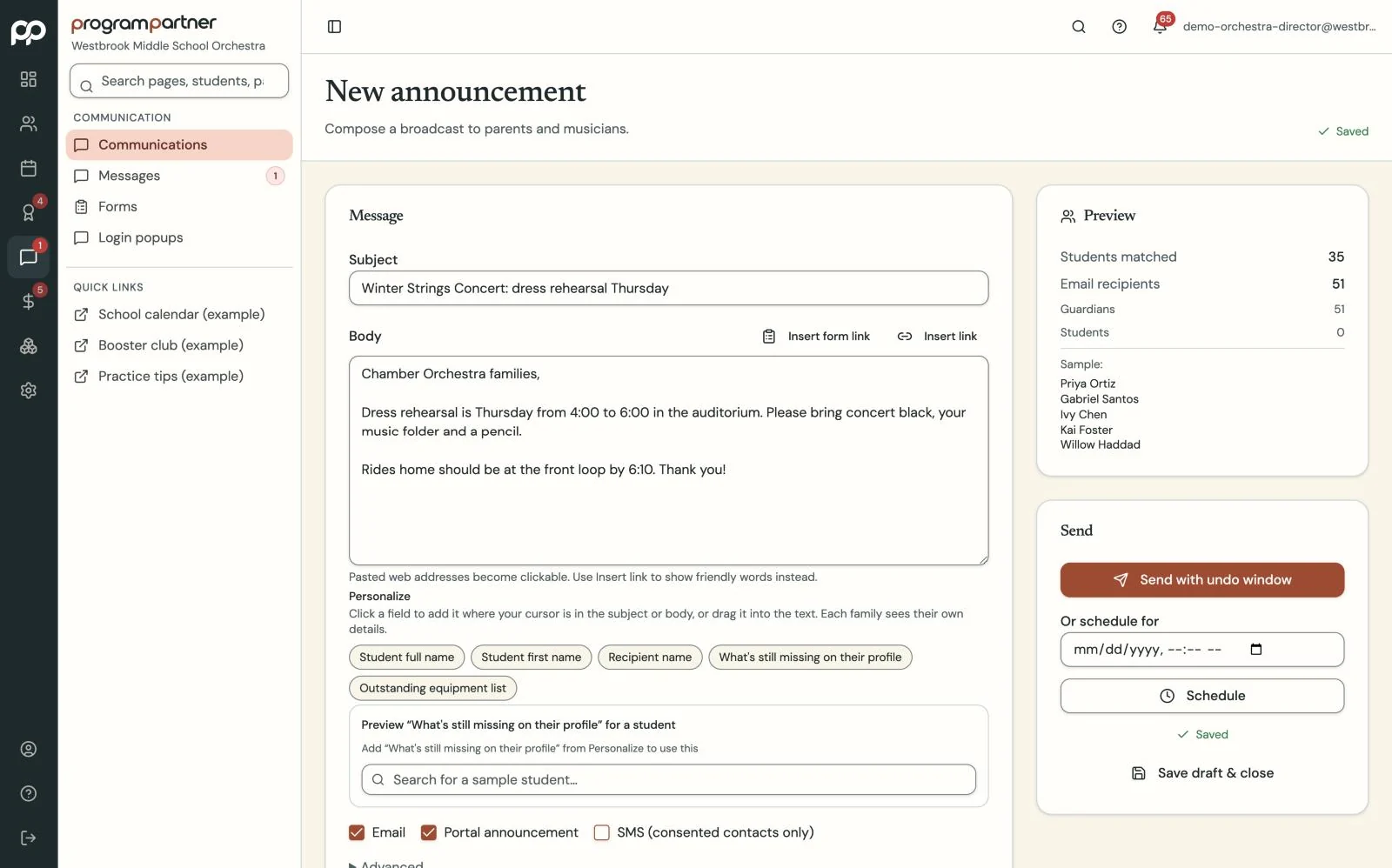 Program Partner screen: orchestra announcement