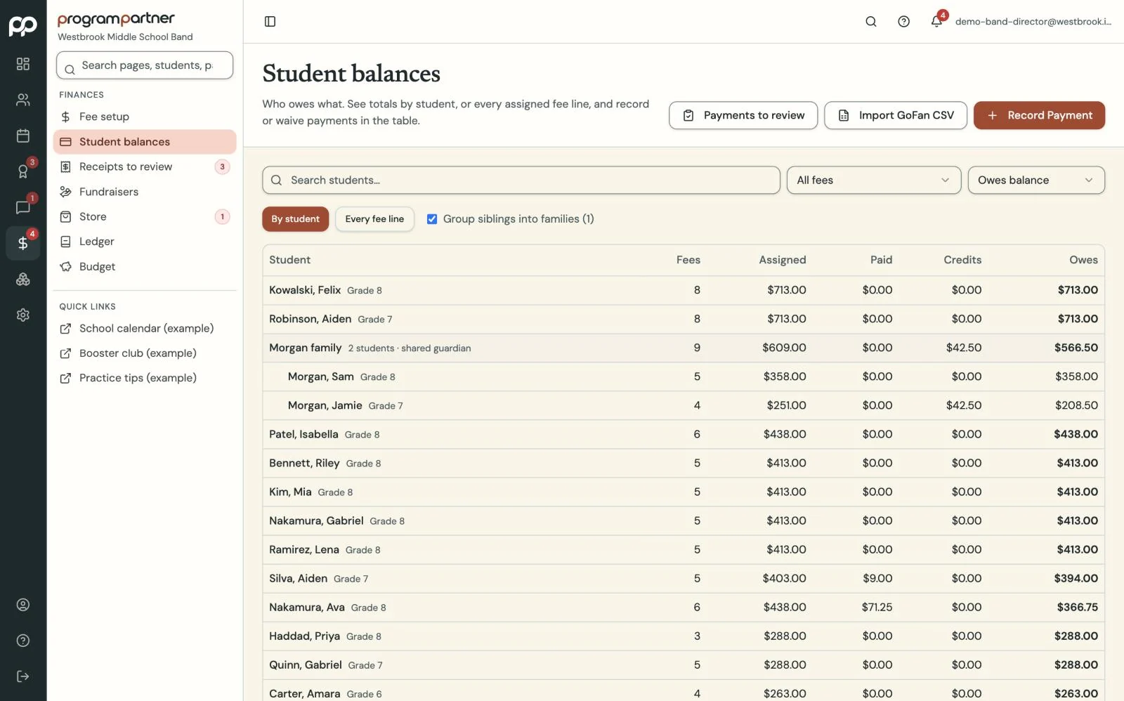 Program Partner screen: band student balances