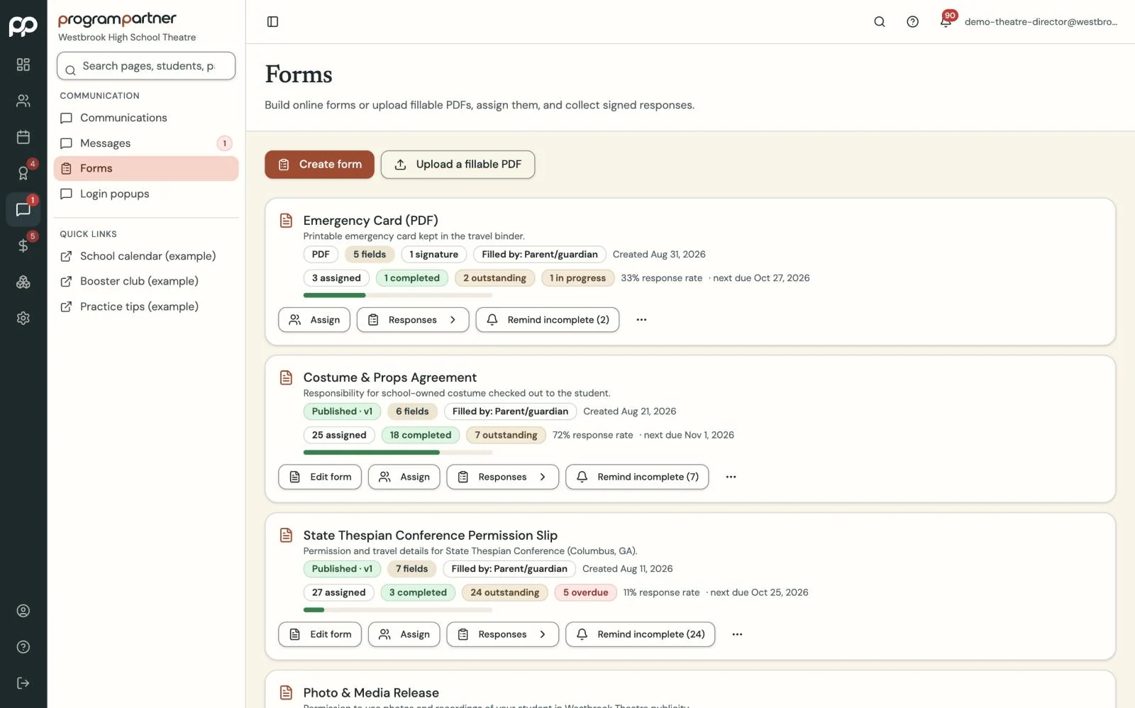 Program Partner screen: theatre form completion status