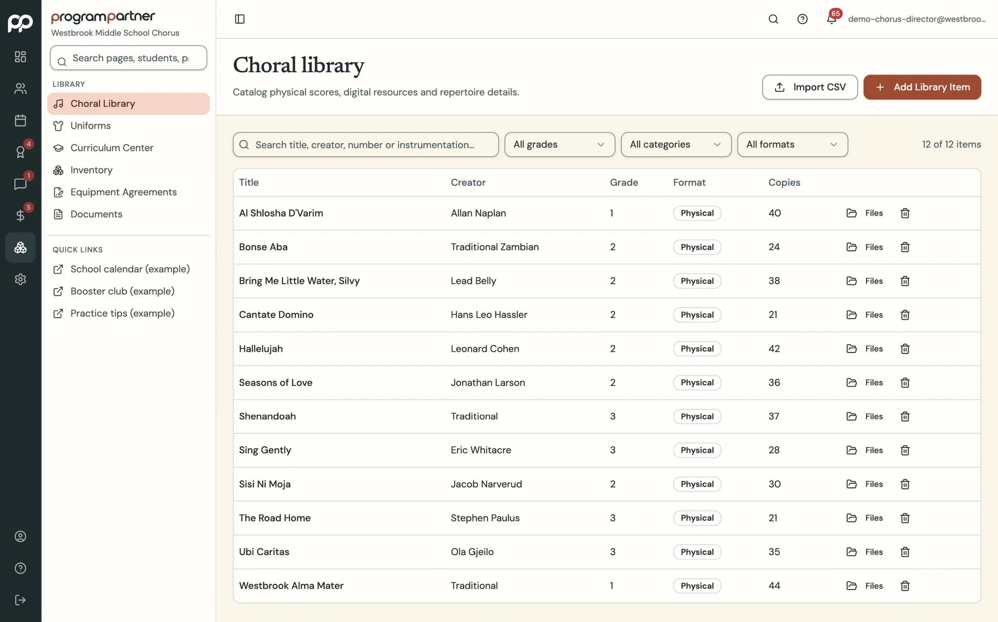 Program Partner screen: choral music library