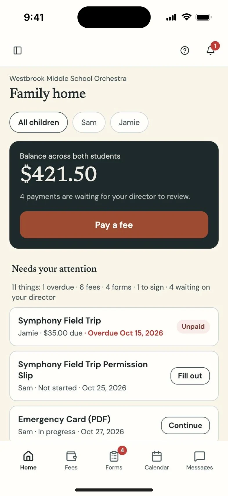 Program Partner screen: parent portal home