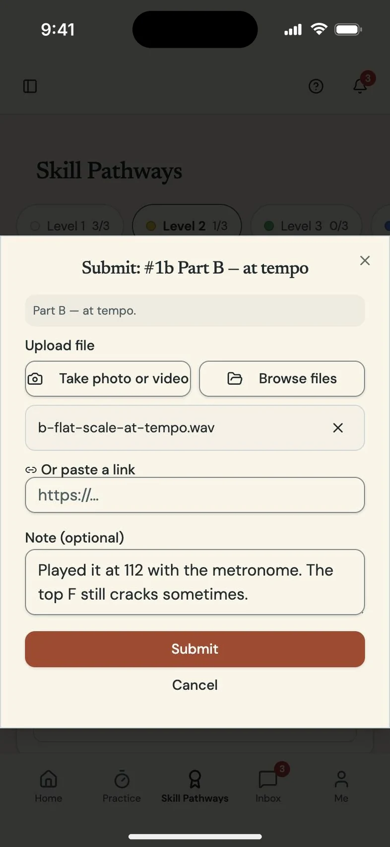 Program Partner screen: student recording submission