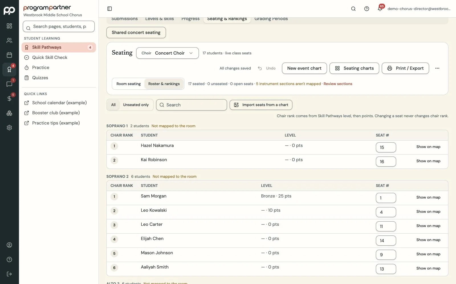 Program Partner screen: class seating from rankings