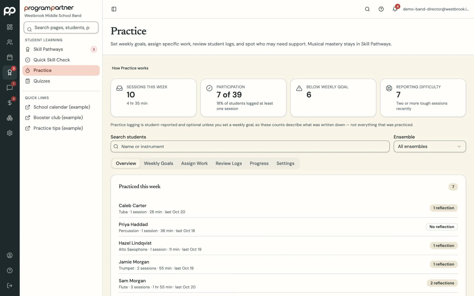 Program Partner screen: Woodshed progress in Program Partner