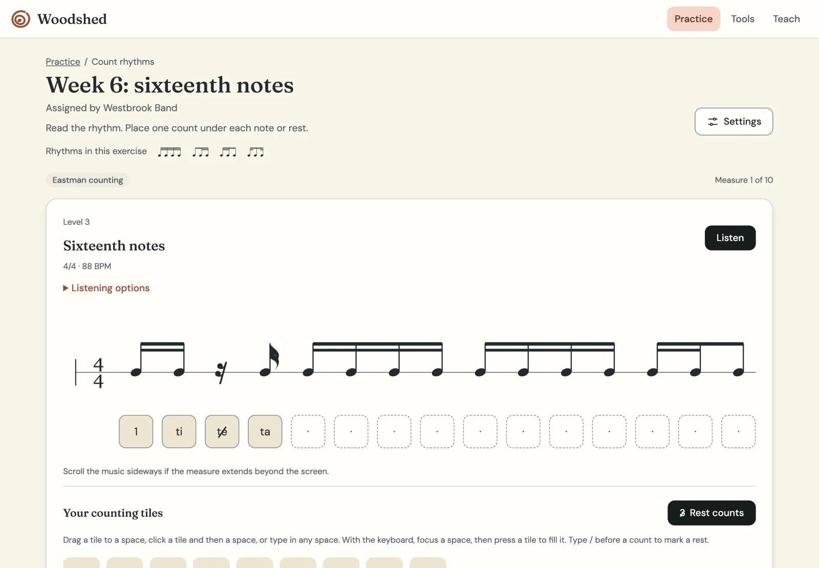 Woodshed screen: Woodshed rhythm counting on a tablet