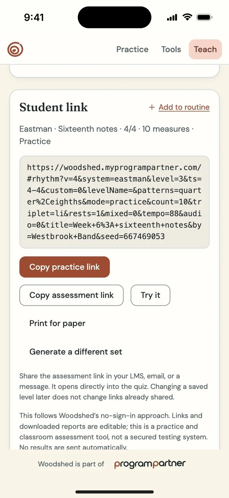 Woodshed screen: Woodshed share link